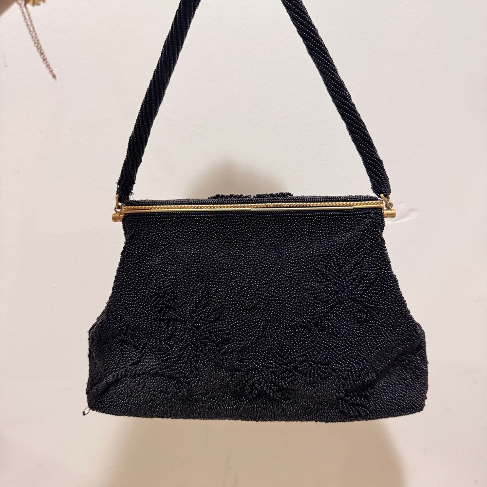 Vintage 1960s Black Hand Beaded Floral Evening Handbag Made in Hong Kong - Picture 3 of 14